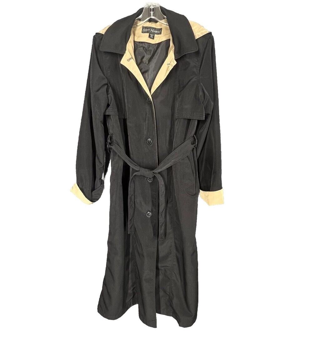 Misty Harbor Trench Coat Womens Medium Black Tan Classic Hood Belt Outdoor Rain